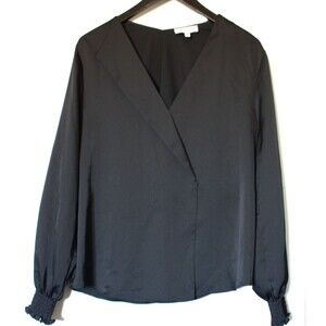 Gibson Latimer Size XL Sleek Black Top Satin Style Dress Blouse Gathered Sleeve